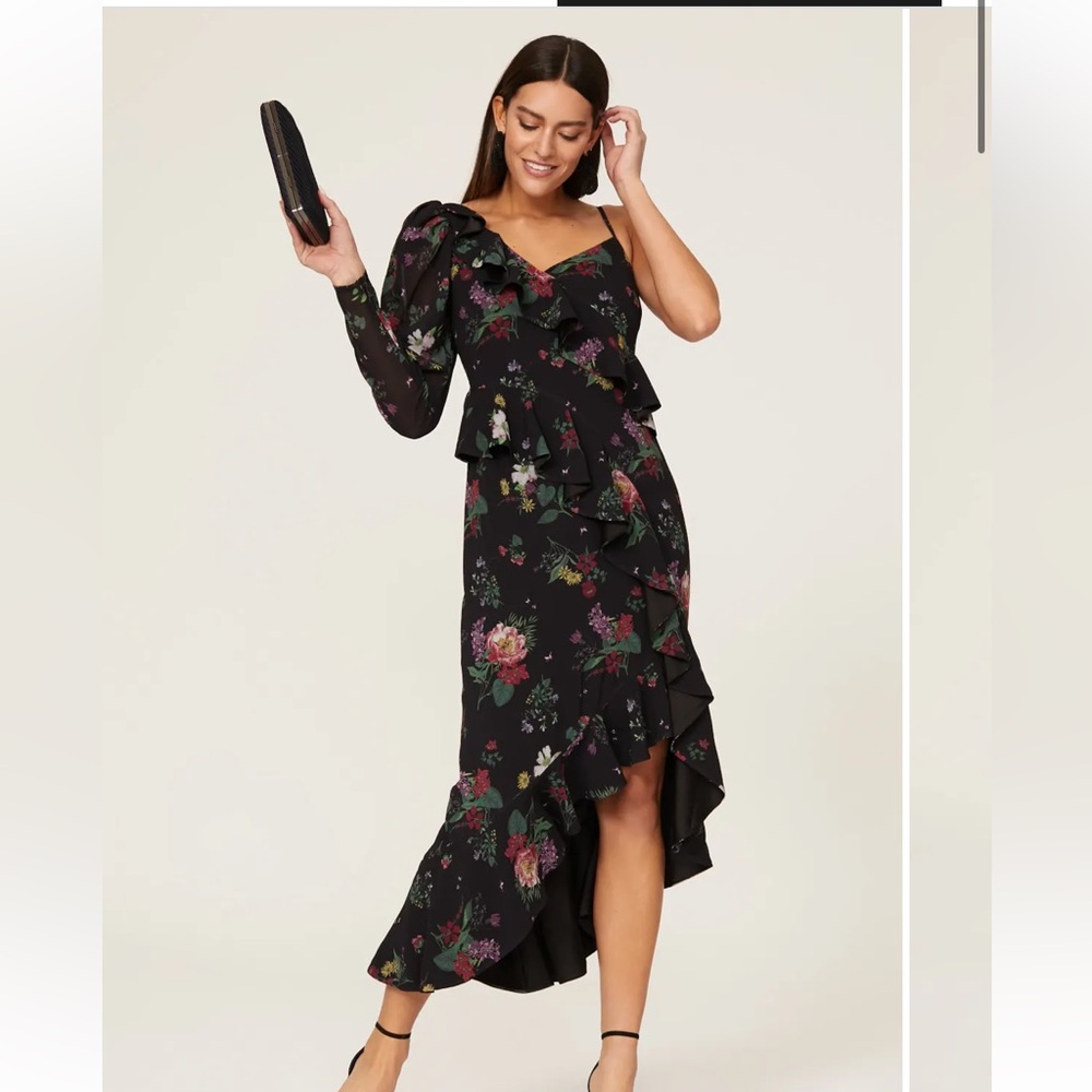 Amur Pasqualena Black Floral Chiffon One Shoulder Midi Dress  8 Cocktail $598